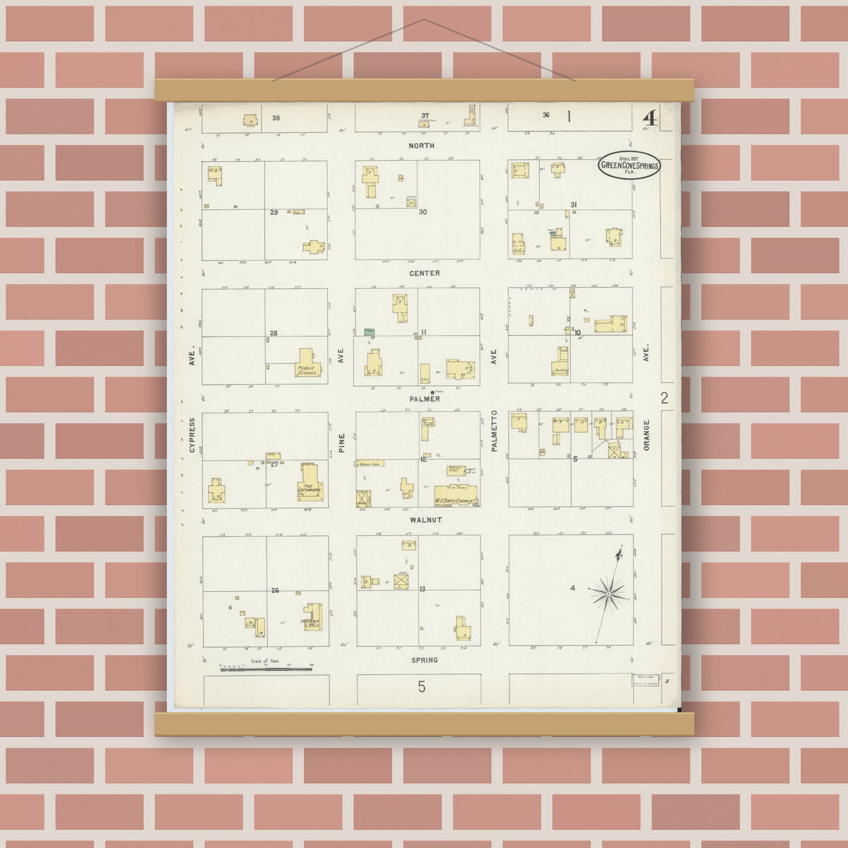 Old map wall art mockup — magnetic wood frame on brick wall — Sanborn Fire Insurance Map from Green Cove Springs, Clay County, Florida (1897), Sheet #0004