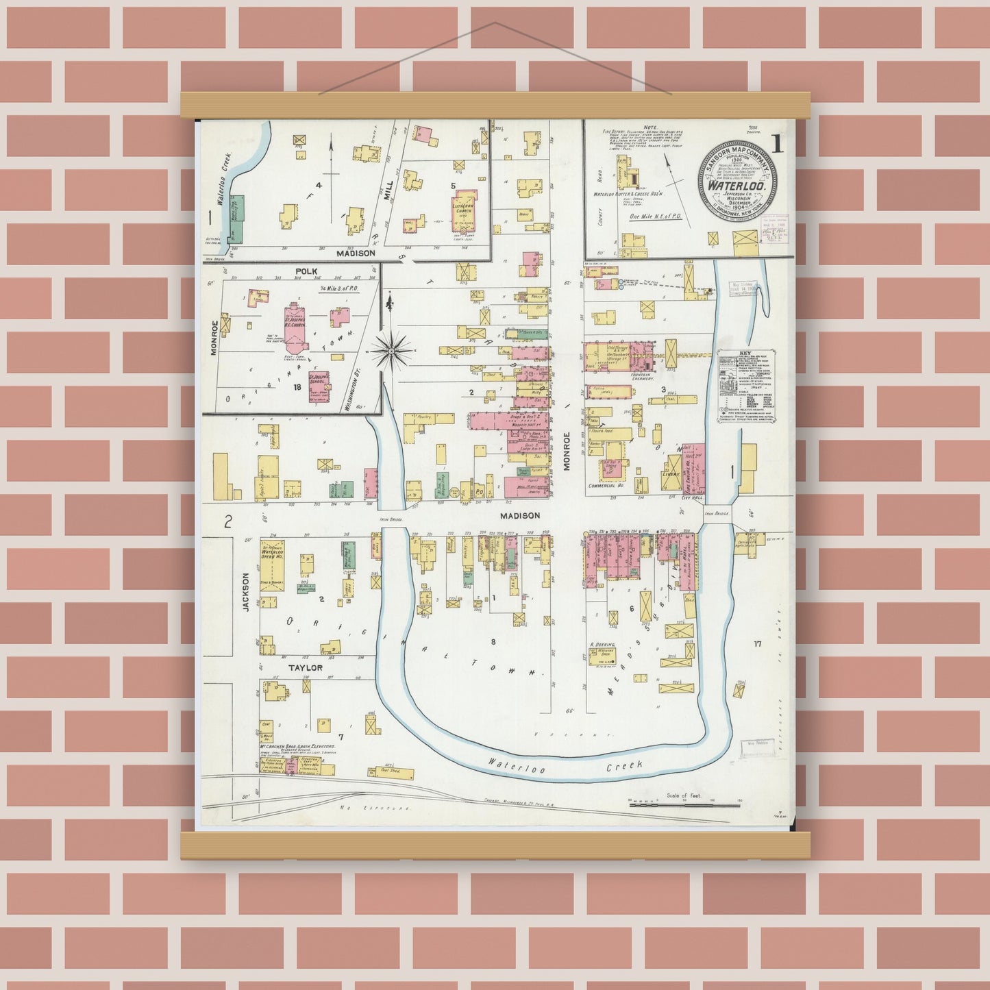 Old map wall art mockup — magnetic wood frame on brick wall — Sanborn Fire Insurance Map from Waterloo, Jefferson County, Wisconsin (1904), Sheet #0001