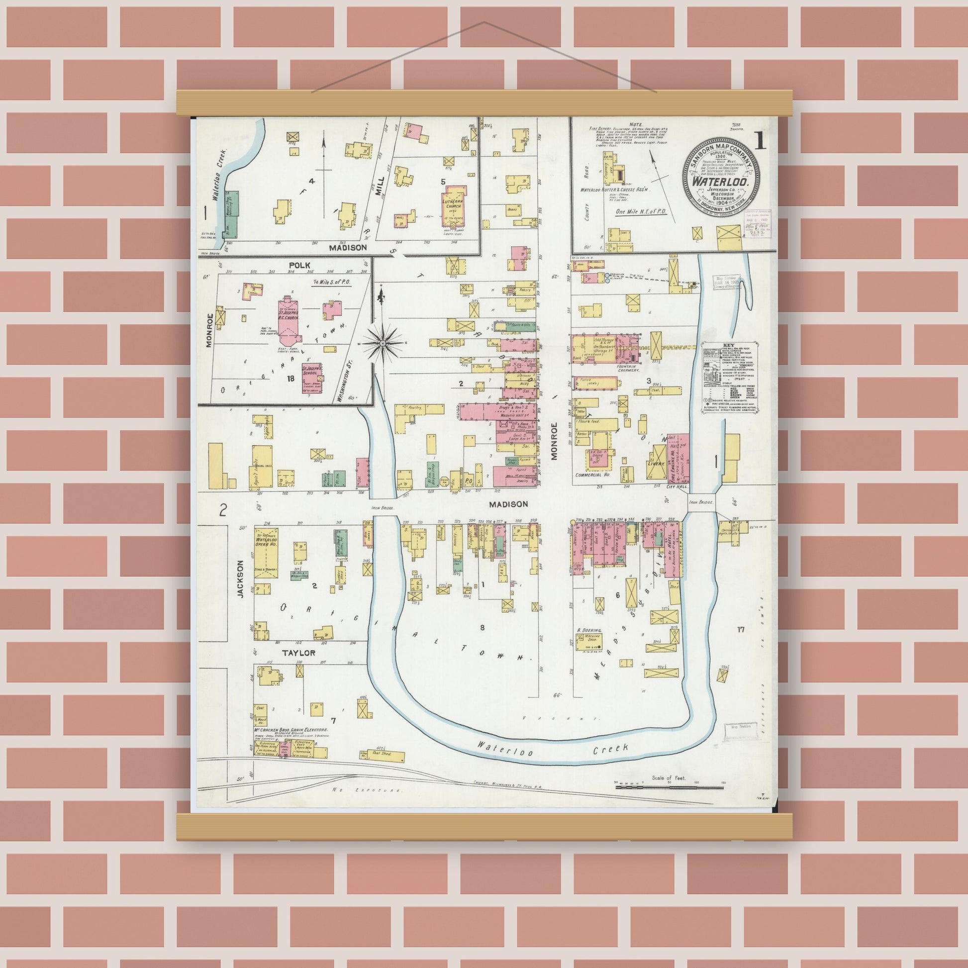 Old map wall art mockup — magnetic wood frame on brick wall — Sanborn Fire Insurance Map from Waterloo, Jefferson County, Wisconsin (1904), Sheet #0001