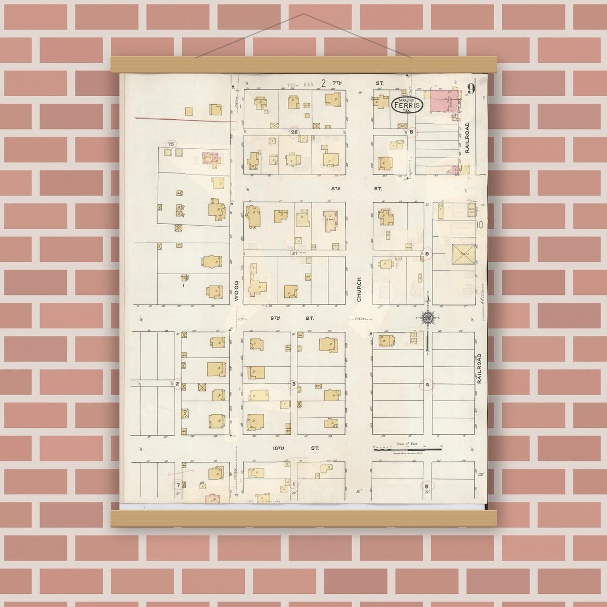 Old map wall art mockup — magnetic wood frame on brick wall — Sanborn Fire Insurance Map from Ferris, Ellis County, Texas (1941), Sheet #0009