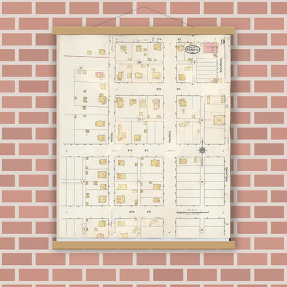 Old map wall art mockup — magnetic wood frame on brick wall — Sanborn Fire Insurance Map from Ferris, Ellis County, Texas (1941), Sheet #0009