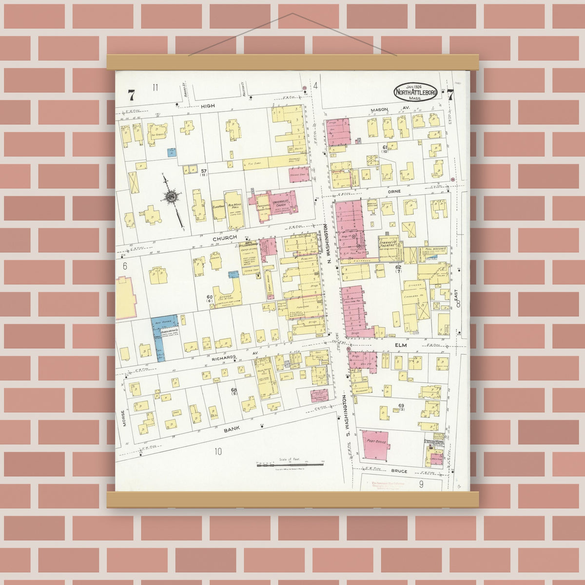 Old map wall art mockup — magnetic wood frame on brick wall — Sanborn Fire Insurance Map from North Attleborough, Bristol County, Massachusetts (1924), Sheet #0007