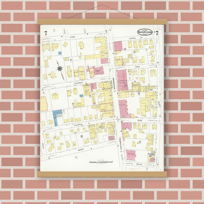 Old map wall art mockup — magnetic wood frame on brick wall — Sanborn Fire Insurance Map from North Attleborough, Bristol County, Massachusetts (1924), Sheet #0007
