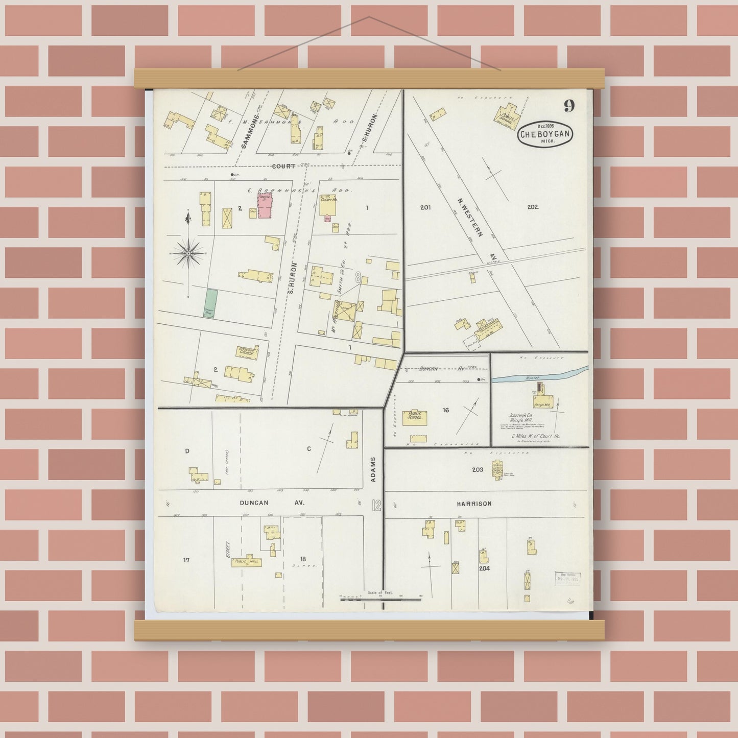 Old map wall art mockup — magnetic wood frame on brick wall — Sanborn Fire Insurance Map from Cheboygan, Cheboygan County, Michigan (1895), Sheet #0009