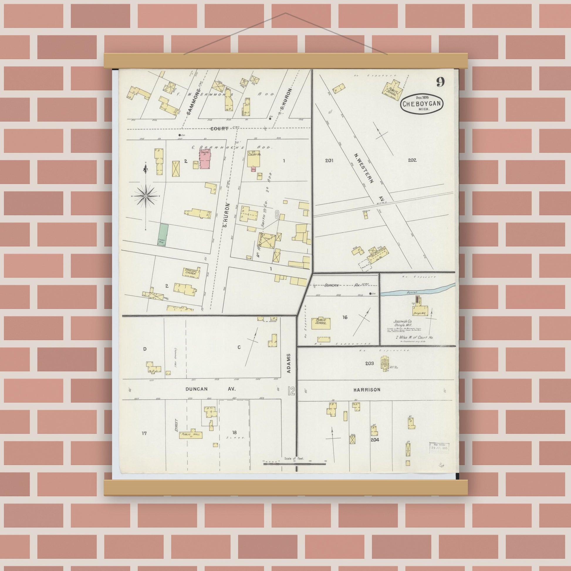 Old map wall art mockup — magnetic wood frame on brick wall — Sanborn Fire Insurance Map from Cheboygan, Cheboygan County, Michigan (1895), Sheet #0009