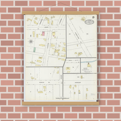 Old map wall art mockup — magnetic wood frame on brick wall — Sanborn Fire Insurance Map from Cheboygan, Cheboygan County, Michigan (1895), Sheet #0009