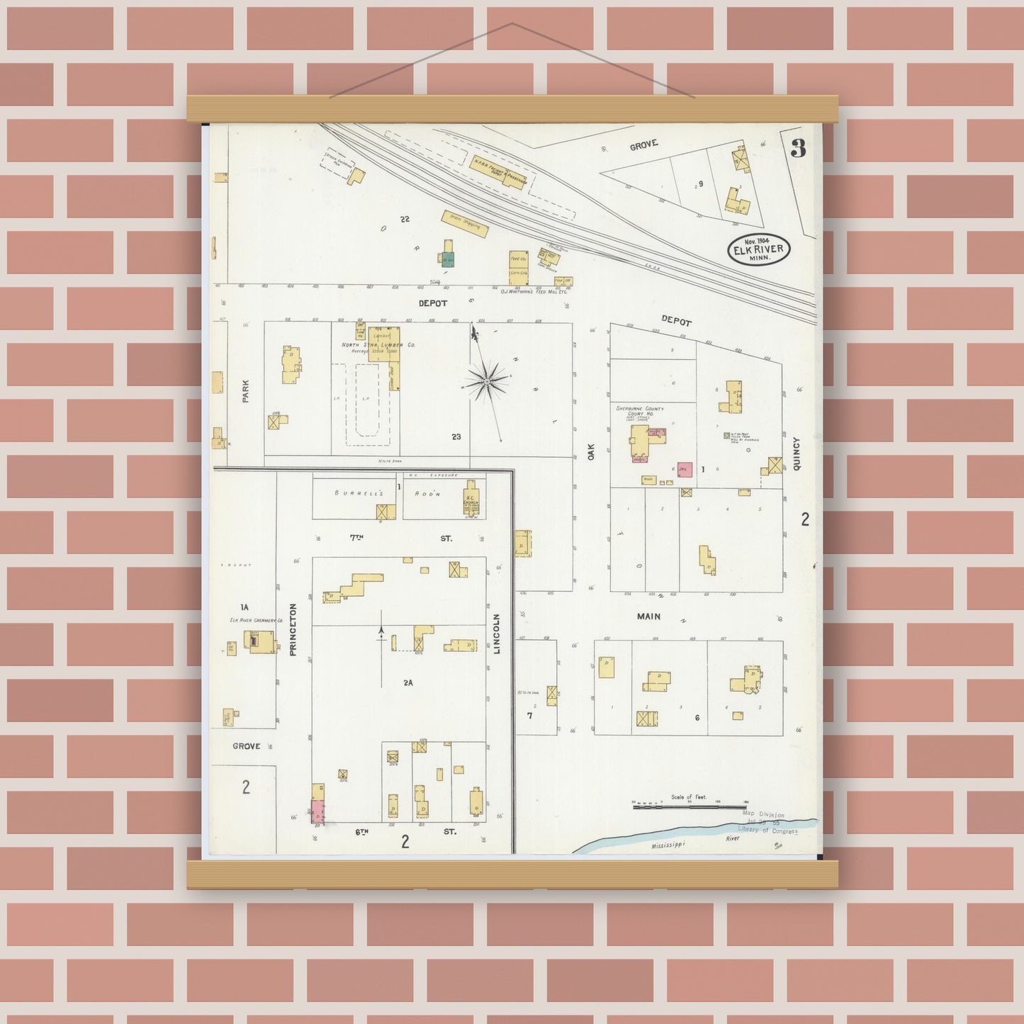 Old map wall art mockup — magnetic wood frame on brick wall — Sanborn Fire Insurance Map from Elk River, Sherburne County, Minnesota (1905), Sheet #0003