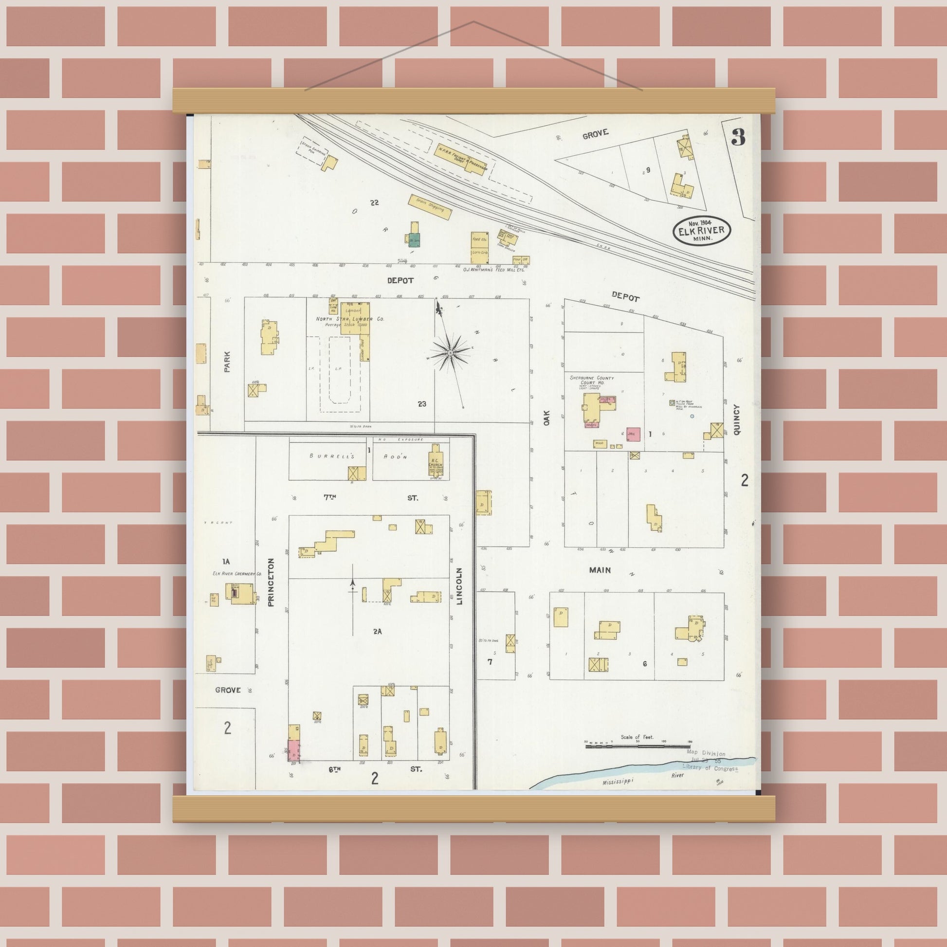 Old map wall art mockup — magnetic wood frame on brick wall — Sanborn Fire Insurance Map from Elk River, Sherburne County, Minnesota (1905), Sheet #0003