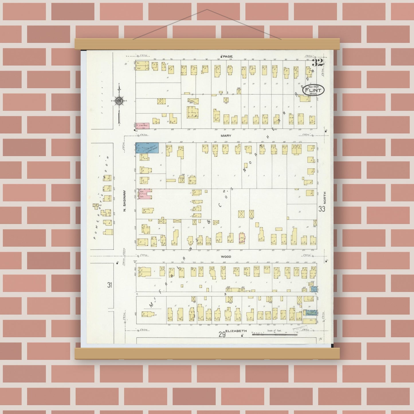 Old map wall art mockup — magnetic wood frame on brick wall — Sanborn Fire Insurance Map from Flint, Genesee County, Michigan (1909), Sheet #0032