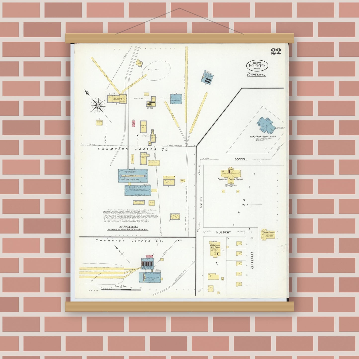 Old map wall art mockup — magnetic wood frame on brick wall — Sanborn Fire Insurance Map from Houghton, Houghton County, Michigan (1908), Sheet #0022