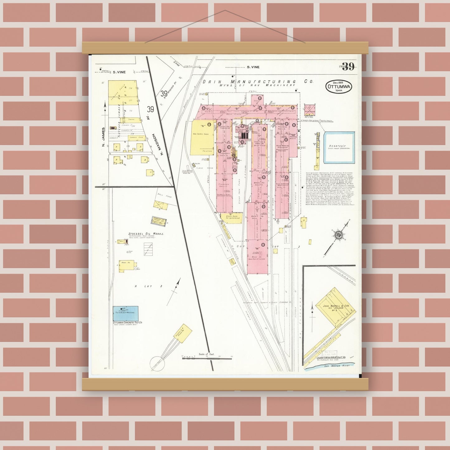 Old map wall art mockup — magnetic wood frame on brick wall — Sanborn Fire Insurance Map from Ottumwa, Wapello County, Iowa (1909), Sheet #0039