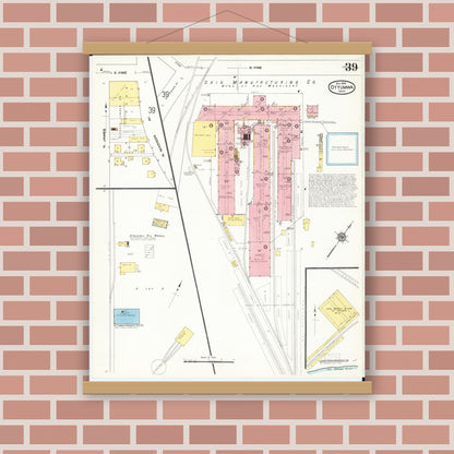 Old map wall art mockup — magnetic wood frame on brick wall — Sanborn Fire Insurance Map from Ottumwa, Wapello County, Iowa (1909), Sheet #0039