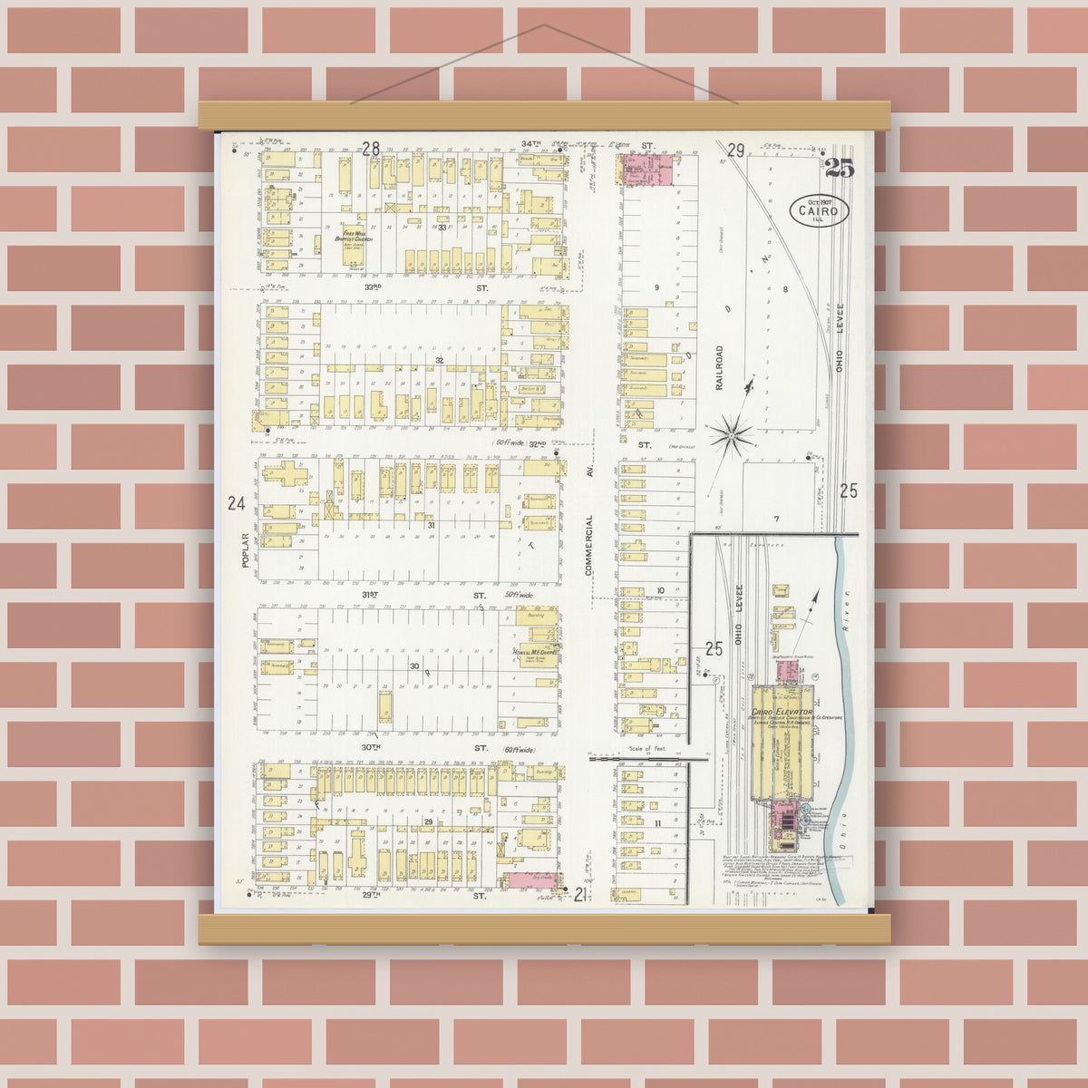Old map wall art mockup — magnetic wood frame on brick wall — Sanborn Fire Insurance Map from Cairo, Alexander County, Illinois (1907), Sheet #0025