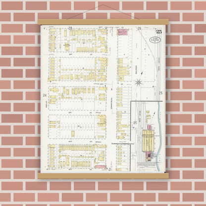 Old map wall art mockup — magnetic wood frame on brick wall — Sanborn Fire Insurance Map from Cairo, Alexander County, Illinois (1907), Sheet #0025
