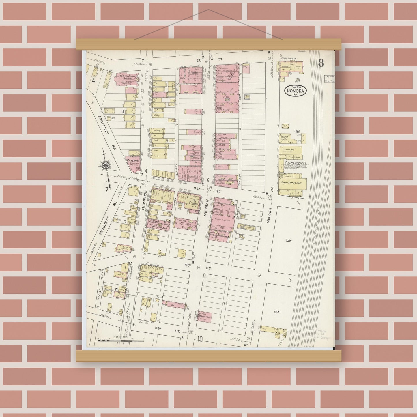Old map wall art mockup — magnetic wood frame on brick wall — Sanborn Fire Insurance Map from Donora, Washington County, Pennsylvania (1914), Sheet #0008