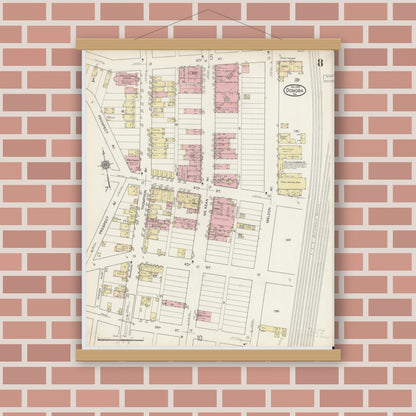 Old map wall art mockup — magnetic wood frame on brick wall — Sanborn Fire Insurance Map from Donora, Washington County, Pennsylvania (1914), Sheet #0008