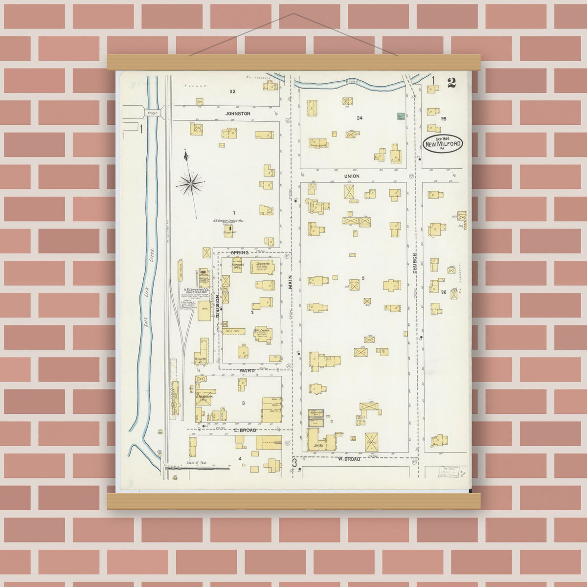 Old map wall art mockup — magnetic wood frame on brick wall — Sanborn Fire Insurance Map from New Milford, Susquehanna County, Pennsylvania (1904), Sheet #0002