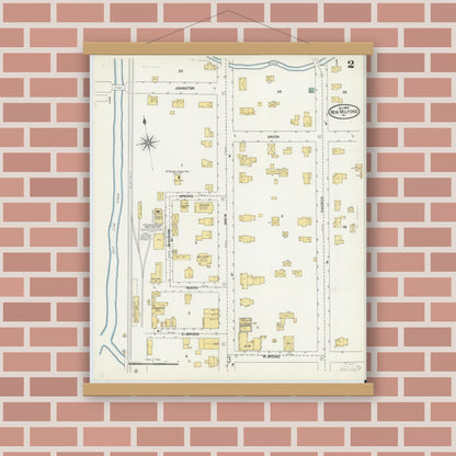Old map wall art mockup — magnetic wood frame on brick wall — Sanborn Fire Insurance Map from New Milford, Susquehanna County, Pennsylvania (1904), Sheet #0002