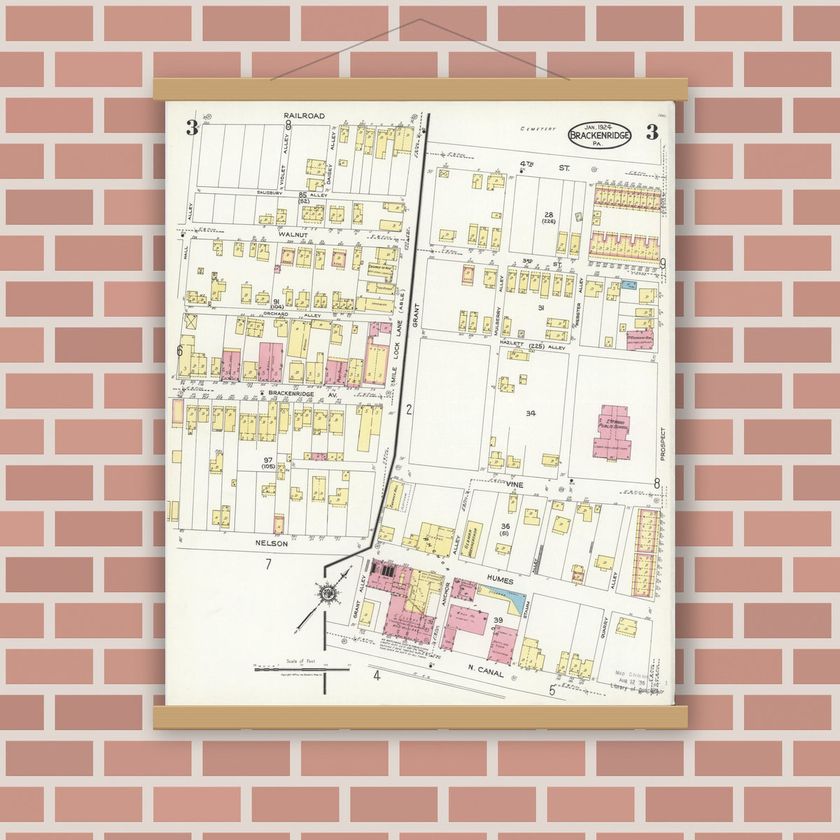 Old map wall art mockup — magnetic wood frame on brick wall — Sanborn Fire Insurance Map from Brackenridge, Allegheny County, Pennsylvania (1924), Sheet #0003