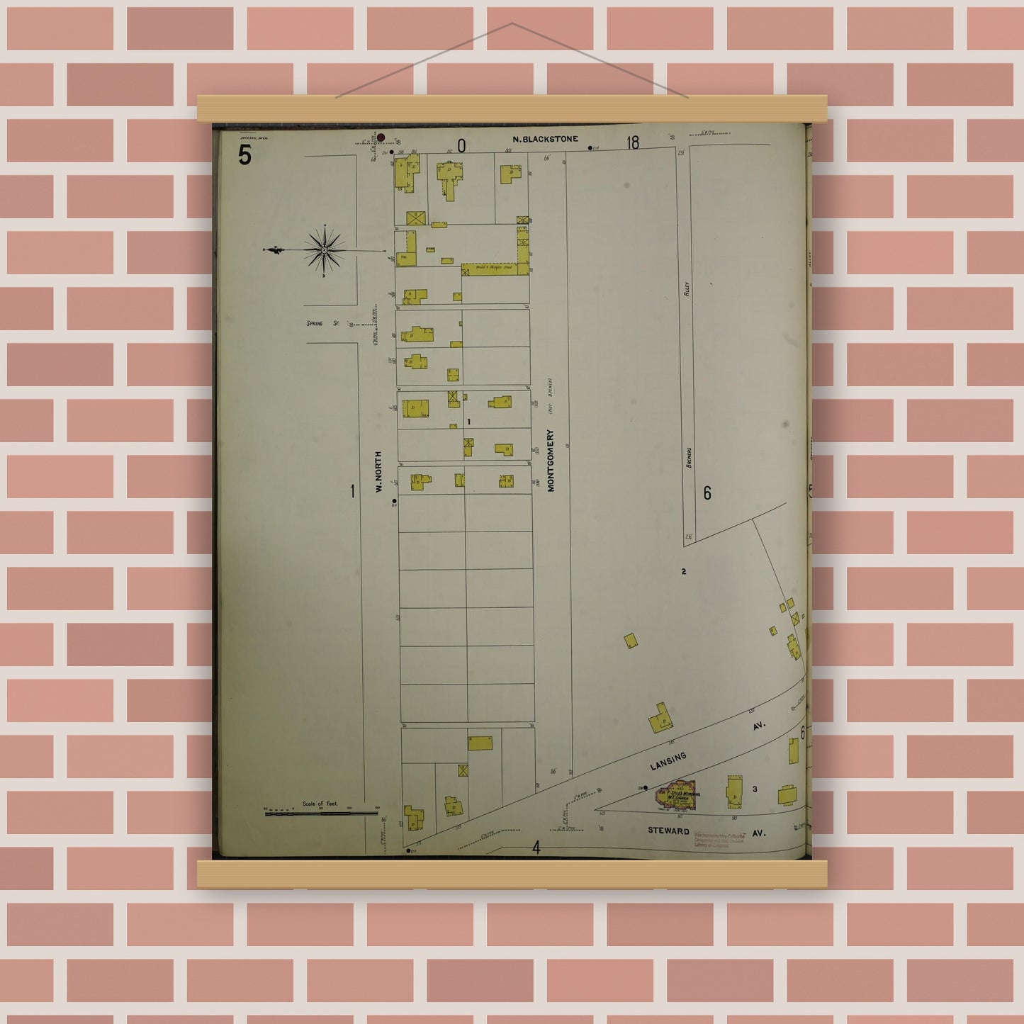 Old map wall art mockup — magnetic wood frame on brick wall — Sanborn Fire Insurance Map from Jackson, Jackson County, Michigan (1907), Sheet #0005