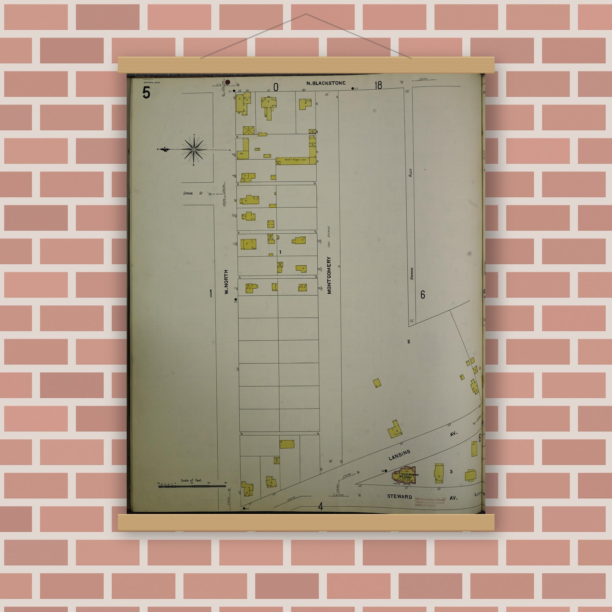 Old map wall art mockup — magnetic wood frame on brick wall — Sanborn Fire Insurance Map from Jackson, Jackson County, Michigan (1907), Sheet #0005