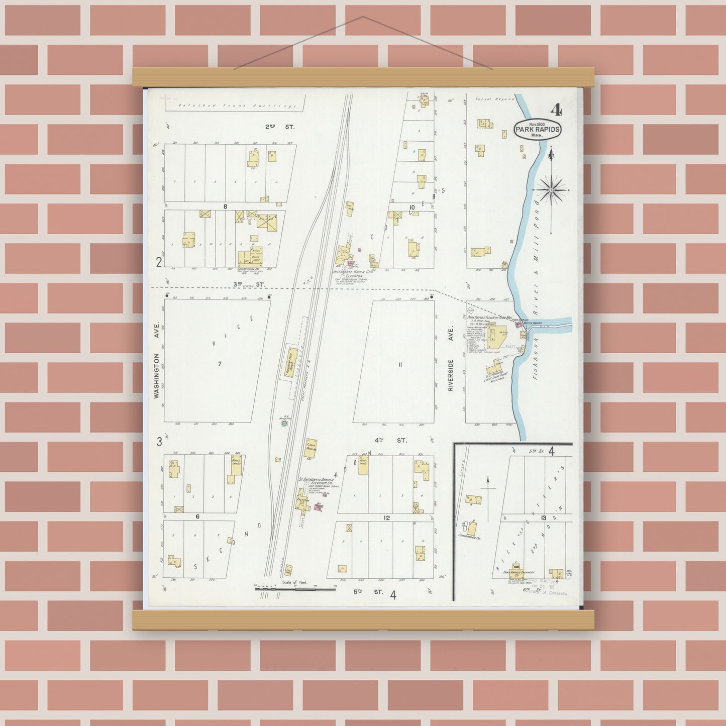 Old map wall art mockup — magnetic wood frame on brick wall — Sanborn Fire Insurance Map from Park Rapids, Hubbard County, Minnesota (1900), Sheet #0004