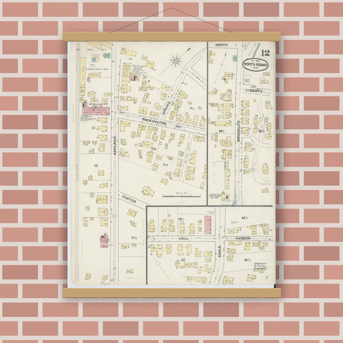 Old map wall art mockup — magnetic wood frame on brick wall — Sanborn Fire Insurance Map from North Adams, Berkshire County, Massachusetts (1888), Sheet #0012