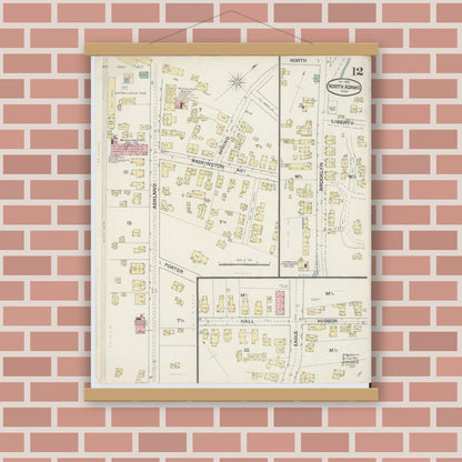 Old map wall art mockup — magnetic wood frame on brick wall — Sanborn Fire Insurance Map from North Adams, Berkshire County, Massachusetts (1888), Sheet #0012