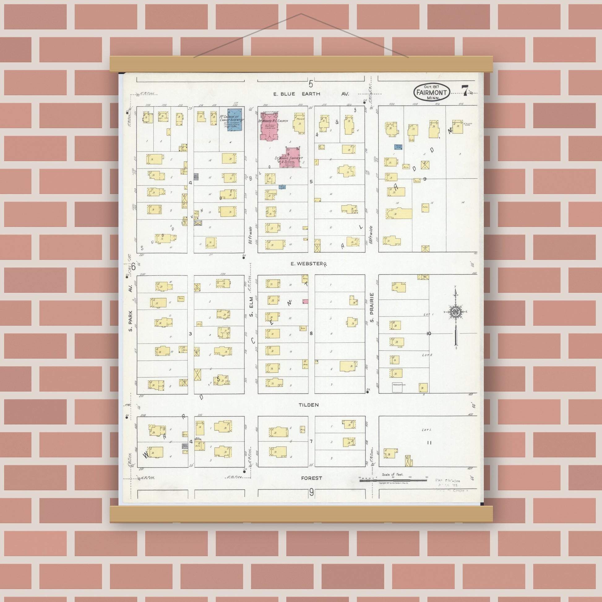 Old map wall art mockup — magnetic wood frame on brick wall — Sanborn Fire Insurance Map from Fairmont, Martin County, Minnesota (1917), Sheet #0007