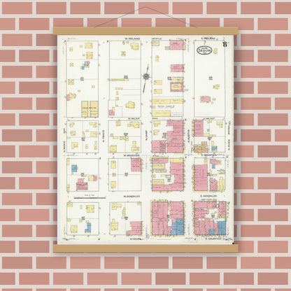 Old map wall art mockup — magnetic wood frame on brick wall — Sanborn Fire Insurance Map from Seguin, Guadalupe County, Texas (1916), Sheet #0008