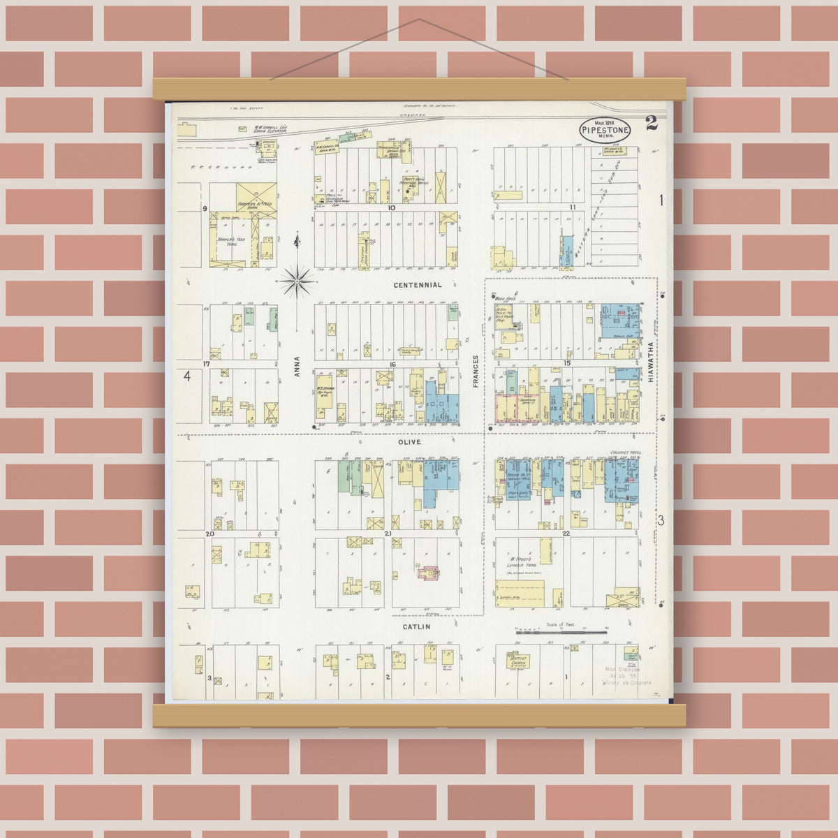 Old map wall art mockup — magnetic wood frame on brick wall — Sanborn Fire Insurance Map from Pipestone, Pipestone County, Minnesota (1898), Sheet #0002