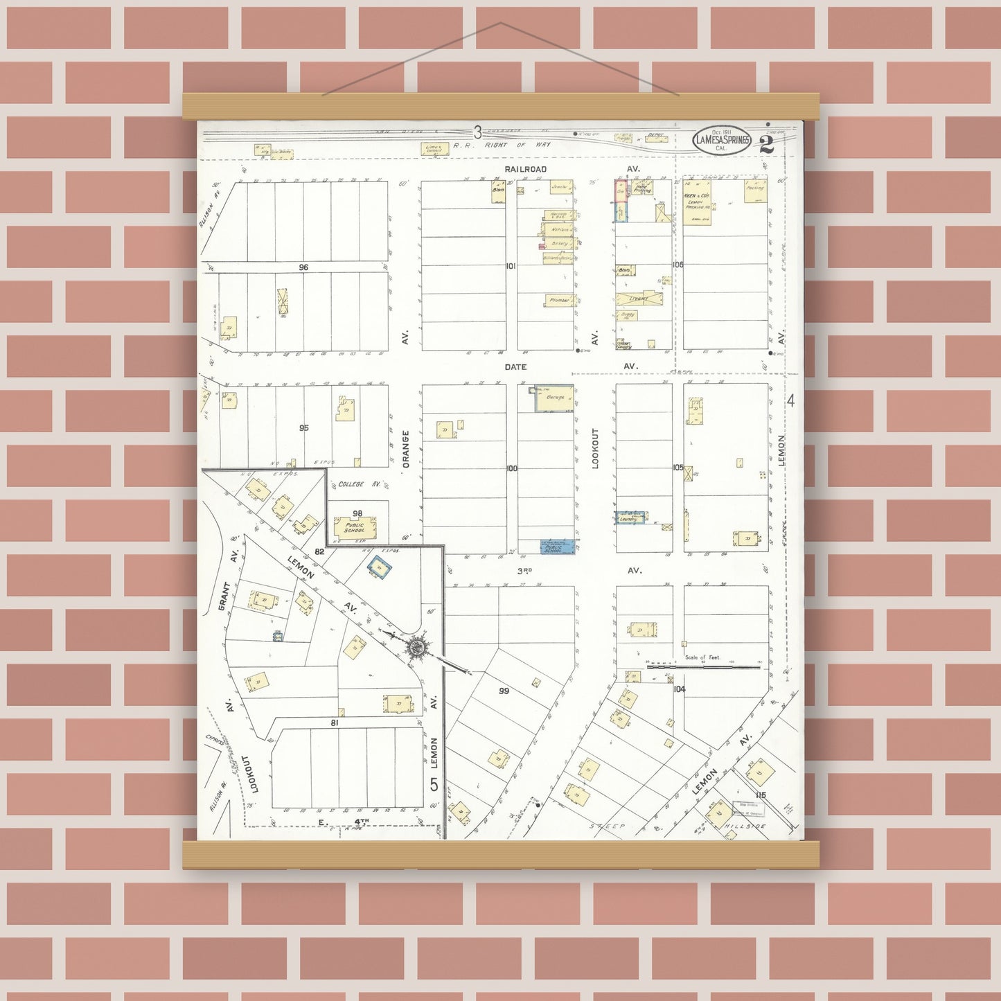 Old map wall art mockup — magnetic wood frame on brick wall — Sanborn Fire Insurance Map from La Mesa, San Diego County, California (1911), Sheet #0002