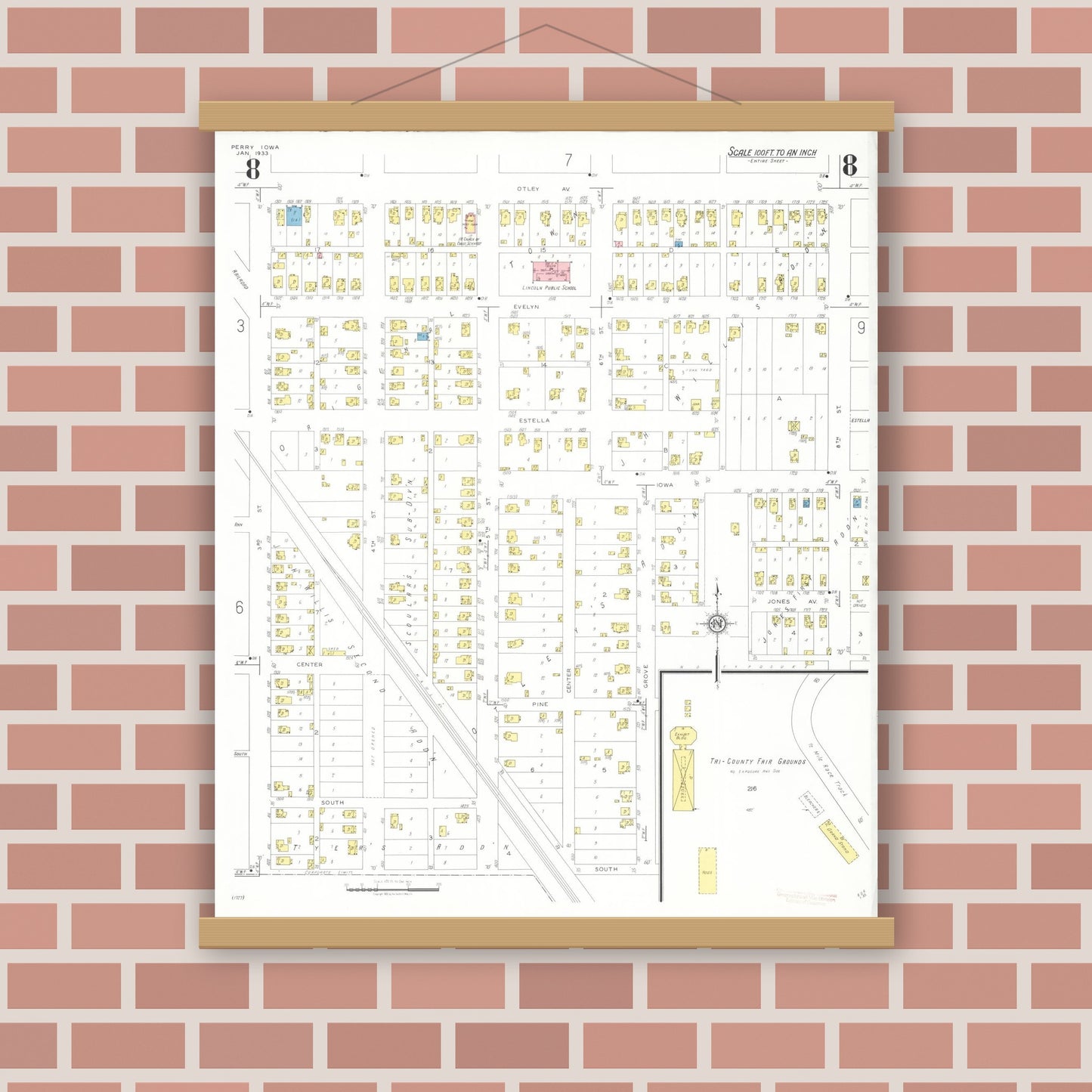 Old map wall art mockup — magnetic wood frame on brick wall — Sanborn Fire Insurance Map from Perry, Dallas County, Iowa (1933), Sheet #0008