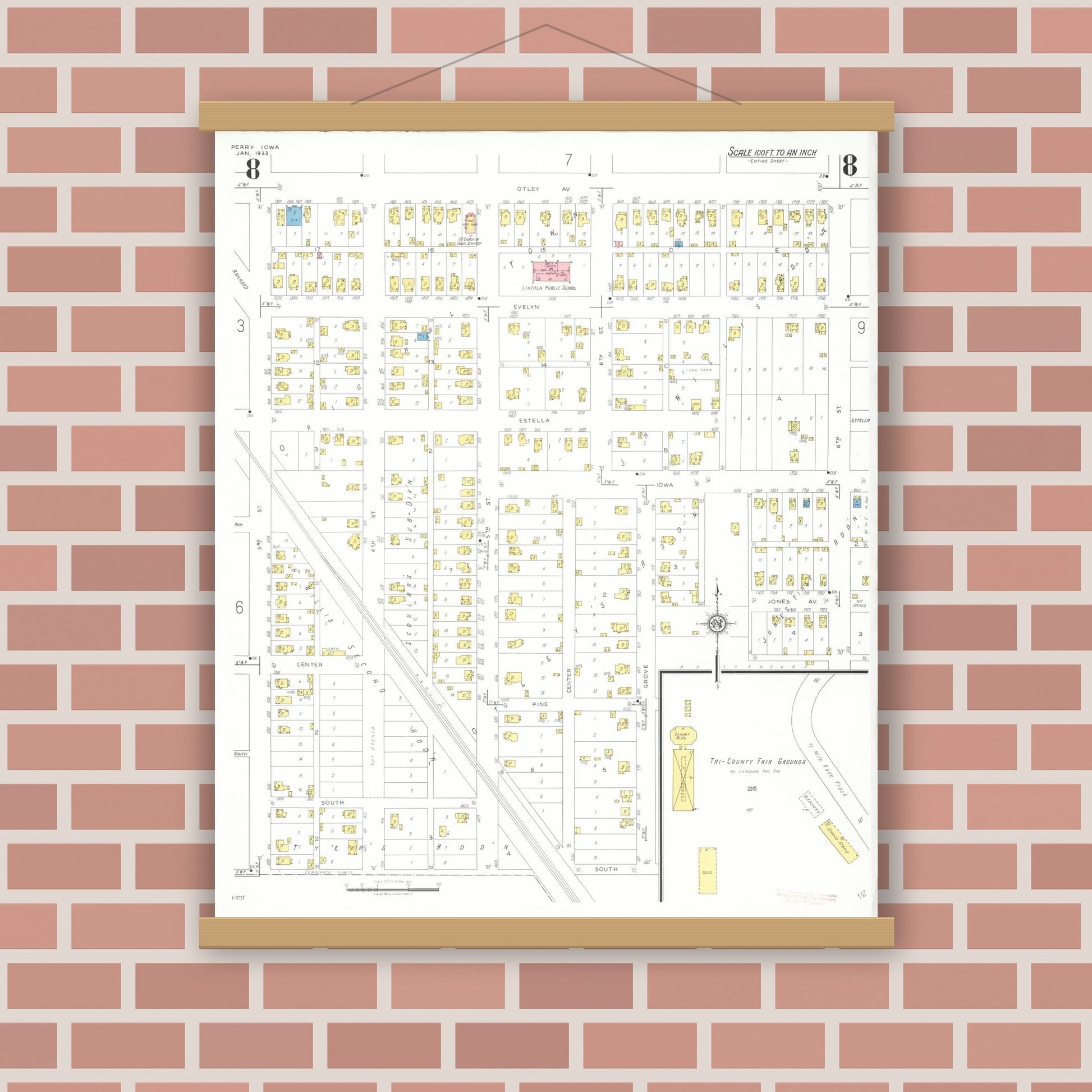 Old map wall art mockup — magnetic wood frame on brick wall — Sanborn Fire Insurance Map from Perry, Dallas County, Iowa (1933), Sheet #0008