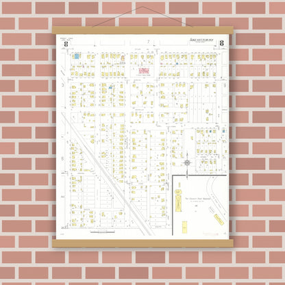 Old map wall art mockup — magnetic wood frame on brick wall — Sanborn Fire Insurance Map from Perry, Dallas County, Iowa (1933), Sheet #0008