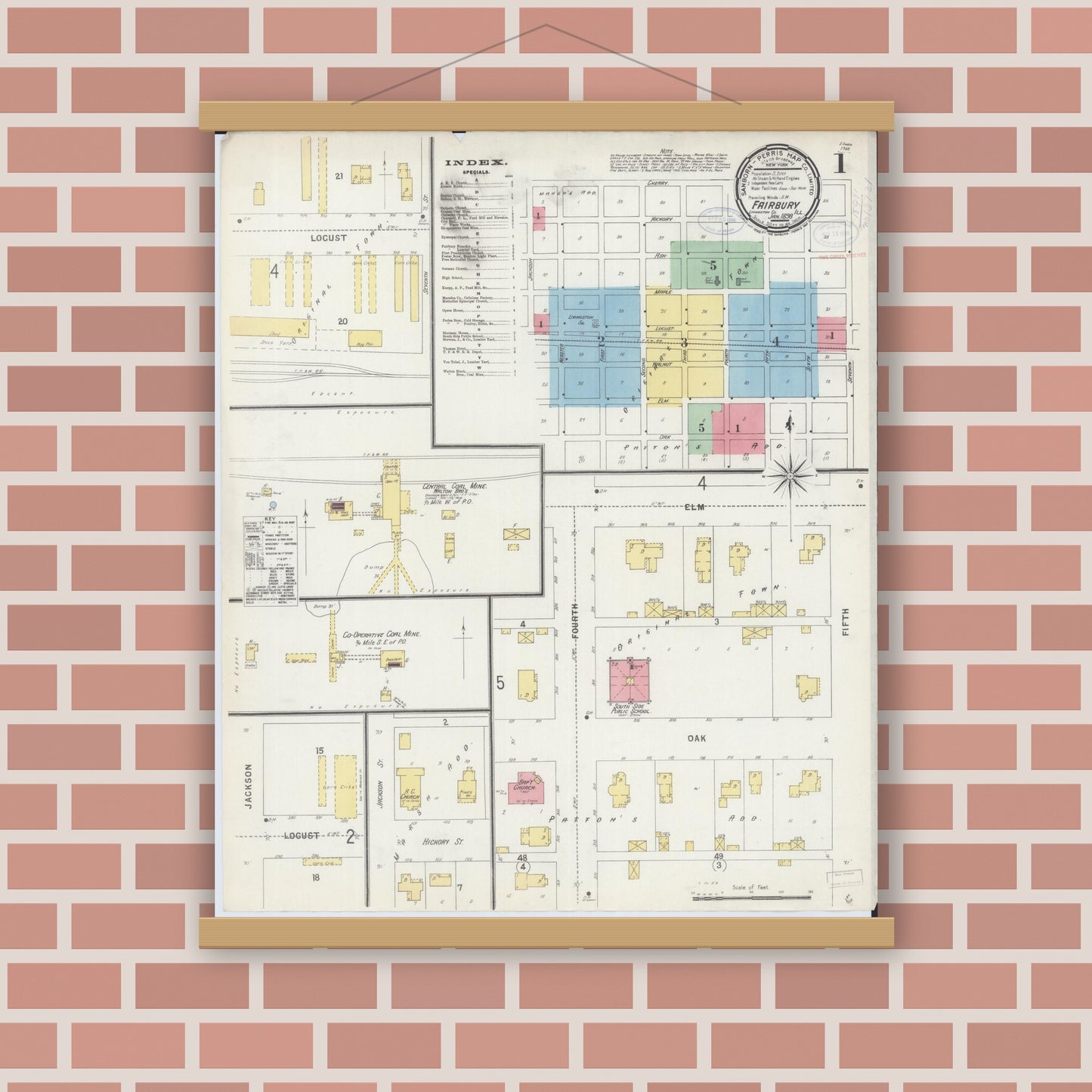 Old map wall art mockup — magnetic wood frame on brick wall — Sanborn Fire Insurance Map from Fairbury, Livingston County, Illinois (1898), Sheet #0001