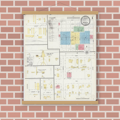 Old map wall art mockup — magnetic wood frame on brick wall — Sanborn Fire Insurance Map from Fairbury, Livingston County, Illinois (1898), Sheet #0001