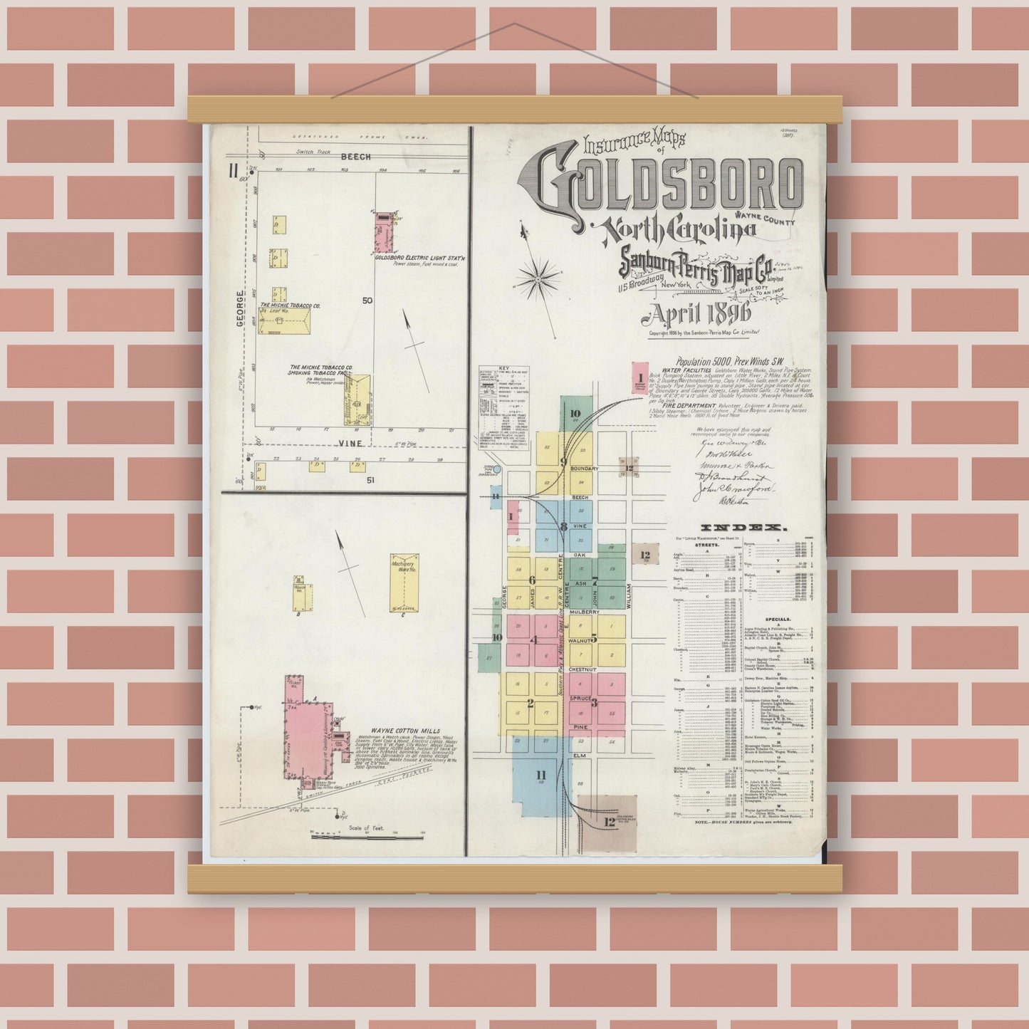 Old map wall art mockup — magnetic wood frame on brick wall — Sanborn Fire Insurance Map from Goldsboro, Wayne County, North Carolina (1896) - Complete Map Set