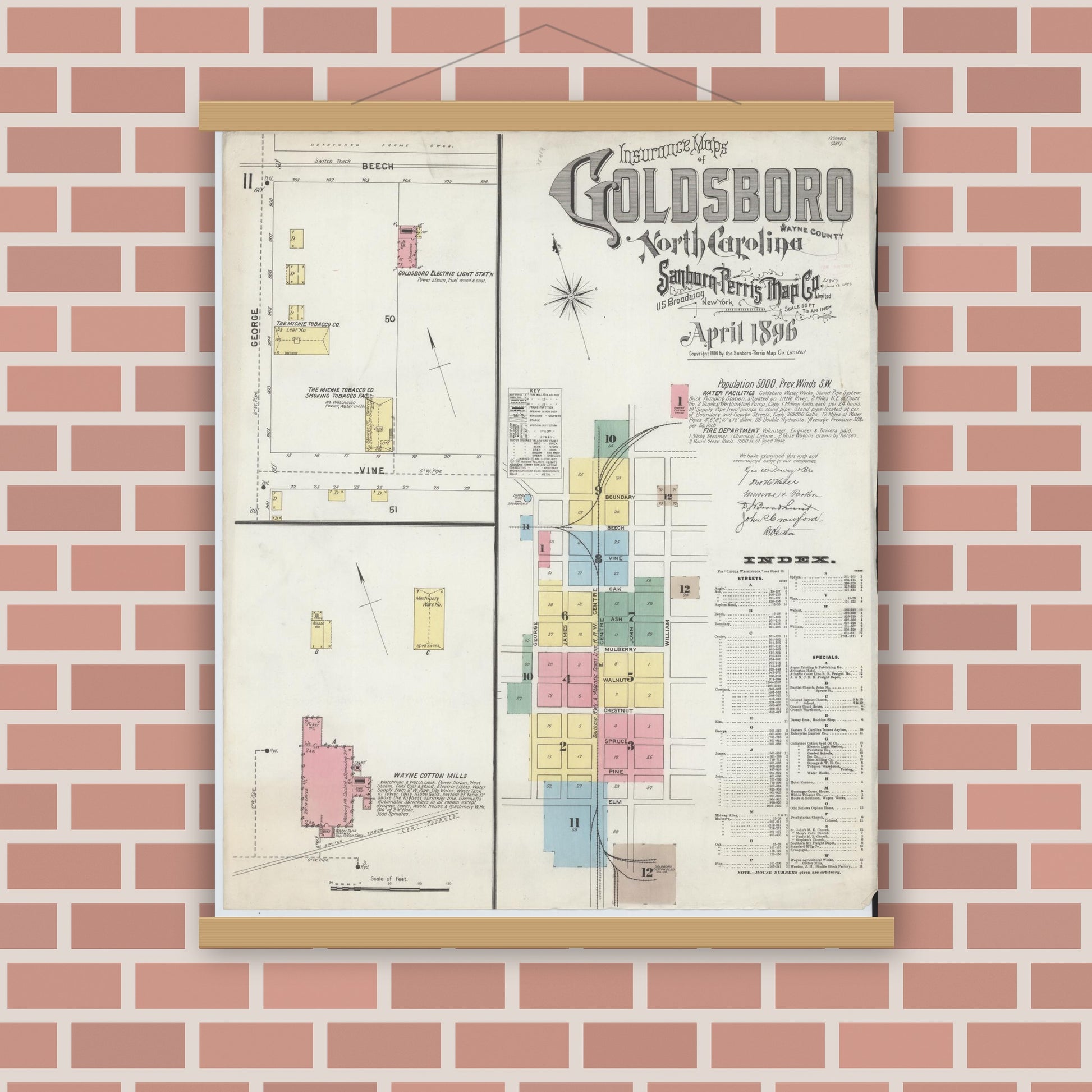 Old map wall art mockup — magnetic wood frame on brick wall — Sanborn Fire Insurance Map from Goldsboro, Wayne County, North Carolina (1896) - Complete Map Set