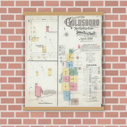 Old map wall art mockup — magnetic wood frame on brick wall — Sanborn Fire Insurance Map from Goldsboro, Wayne County, North Carolina (1896) - Complete Map Set