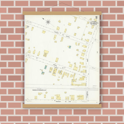 Old map wall art mockup — magnetic wood frame on brick wall — Sanborn Fire Insurance Map from Altamont, Albany County, New York (1909), Sheet #0002