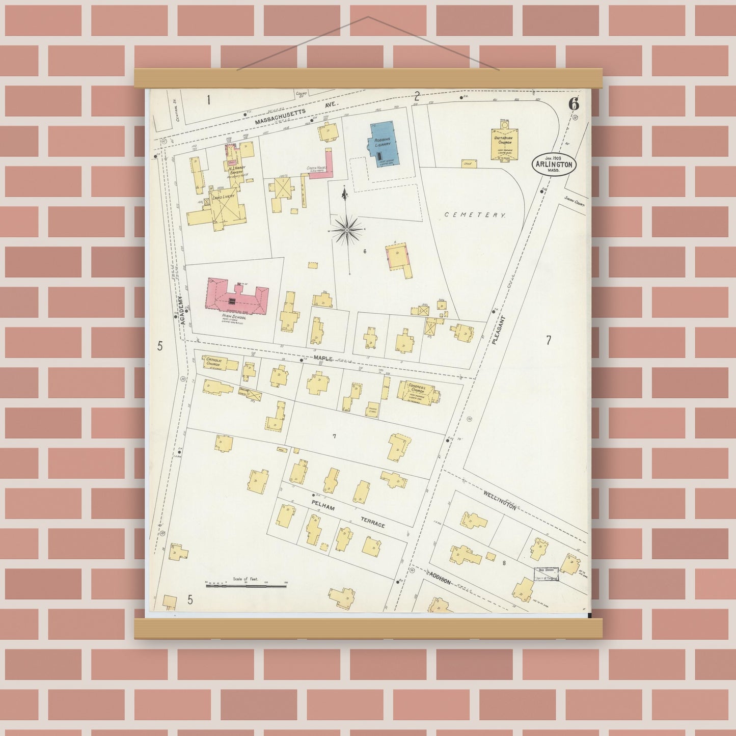 Old map wall art mockup — magnetic wood frame on brick wall — Sanborn Fire Insurance Map from Arlington, Middlesex County, Massachusetts (1903), Sheet #0006