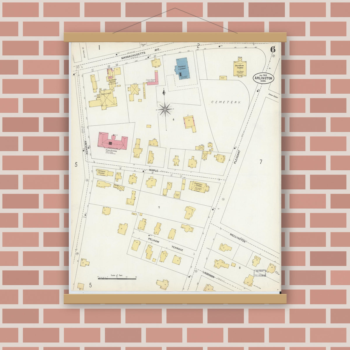 Old map wall art mockup — magnetic wood frame on brick wall — Sanborn Fire Insurance Map from Arlington, Middlesex County, Massachusetts (1903), Sheet #0006