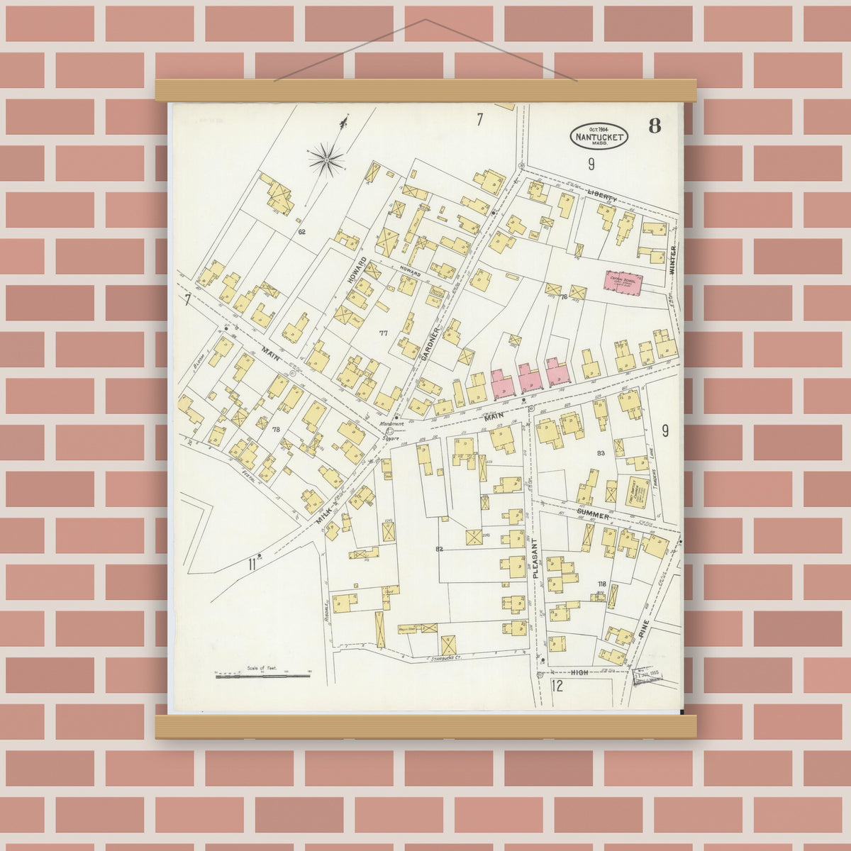 Old map wall art mockup — magnetic wood frame on brick wall — Sanborn Fire Insurance Map from Nantucket, Nantucket County, Massachusetts (1904), Sheet #0008