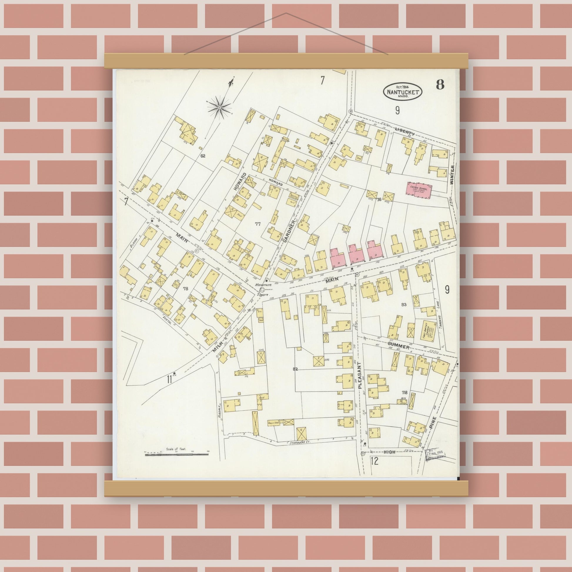 Old map wall art mockup — magnetic wood frame on brick wall — Sanborn Fire Insurance Map from Nantucket, Nantucket County, Massachusetts (1904), Sheet #0008