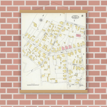 Old map wall art mockup — magnetic wood frame on brick wall — Sanborn Fire Insurance Map from Nantucket, Nantucket County, Massachusetts (1904), Sheet #0008