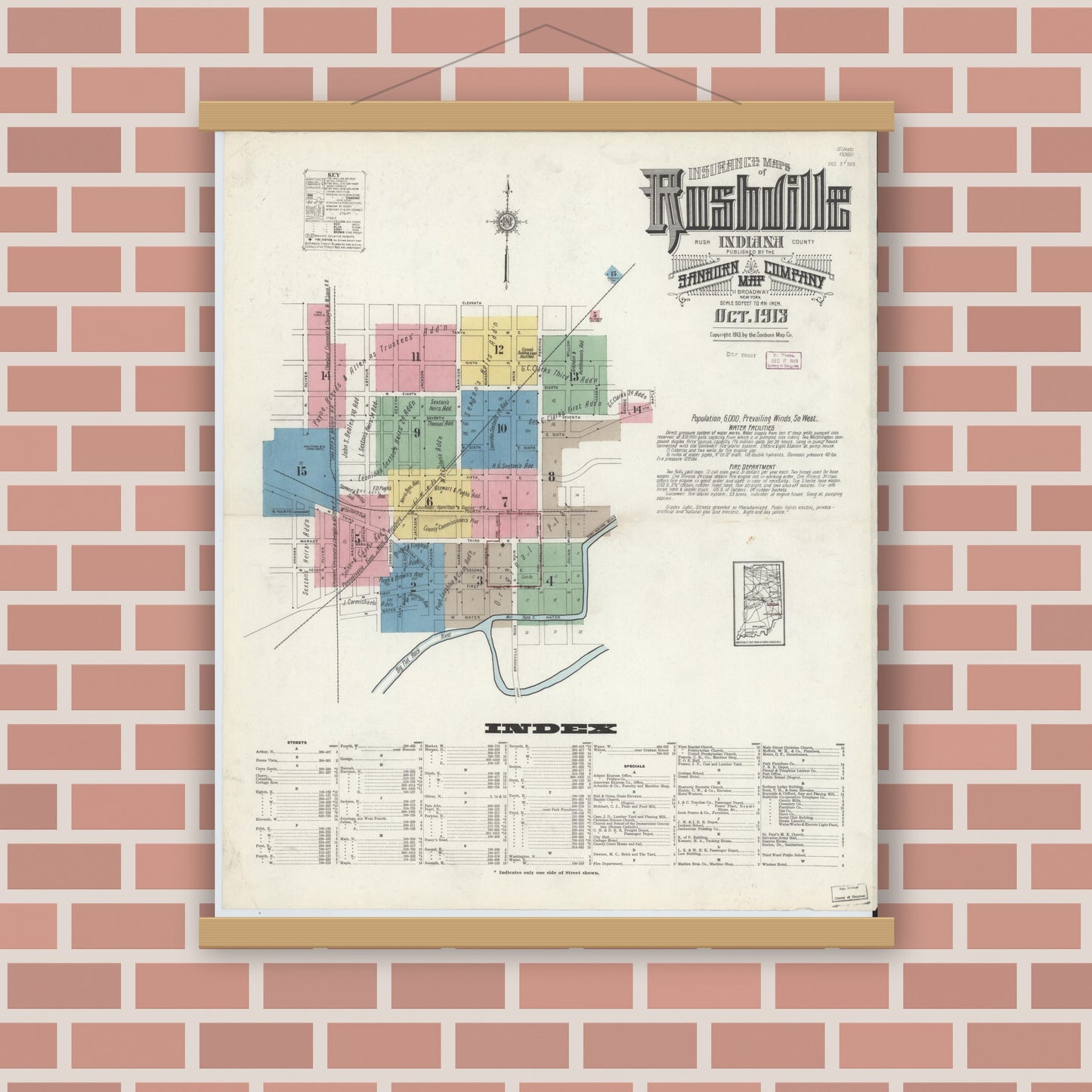 Old map wall art mockup — magnetic wood frame on brick wall — Sanborn Fire Insurance Map from Rushville, Rush County, Indiana (1913), Sheet #0001