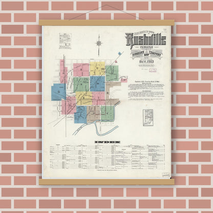 Old map wall art mockup — magnetic wood frame on brick wall — Sanborn Fire Insurance Map from Rushville, Rush County, Indiana (1913), Sheet #0001