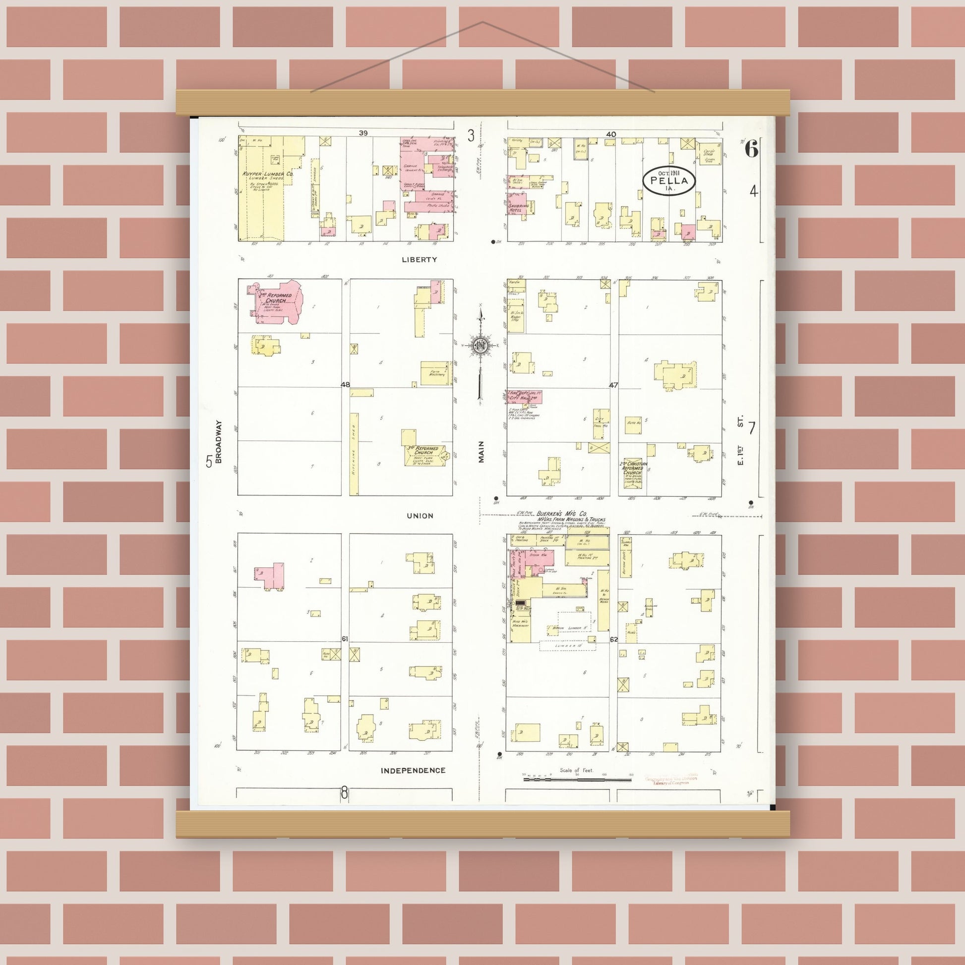 Old map wall art mockup — magnetic wood frame on brick wall — Sanborn Fire Insurance Map from Pella, Marion County, Iowa (1911), Sheet #0006