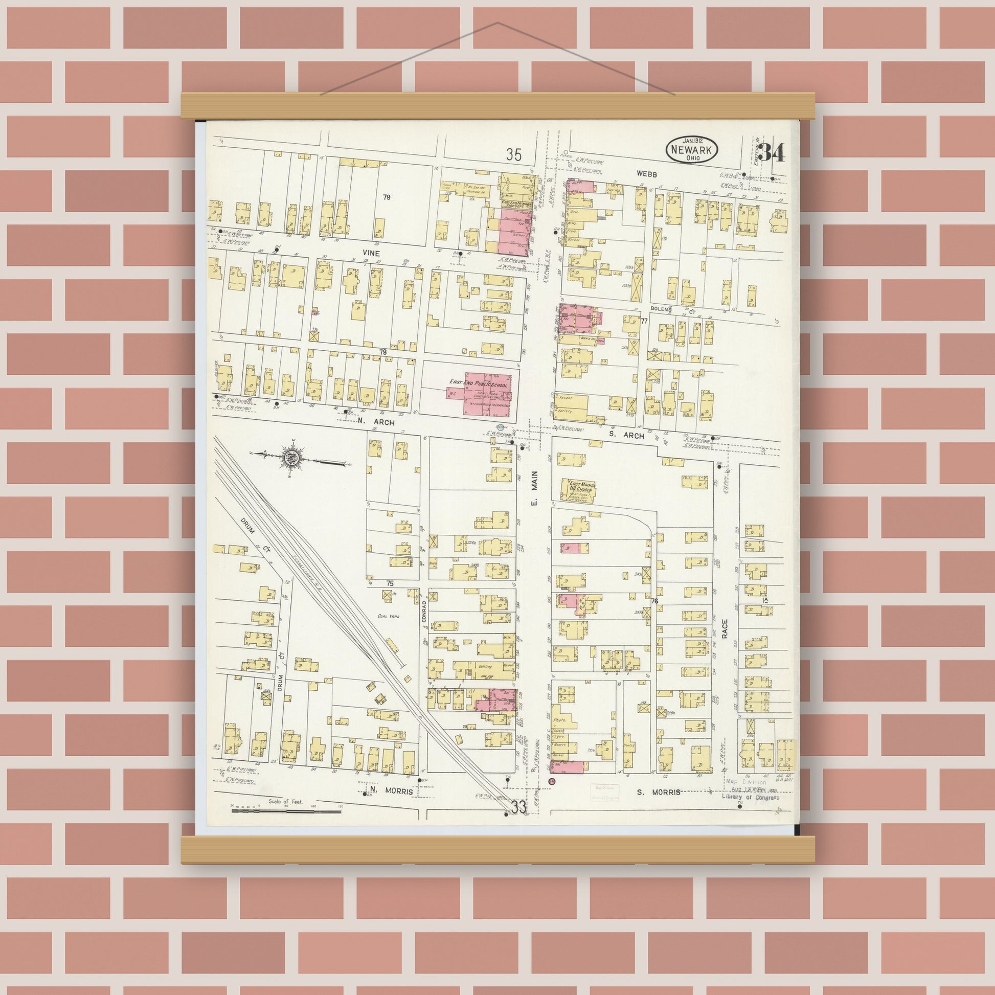 Old map wall art mockup — magnetic wood frame on brick wall — Sanborn Fire Insurance Map from Newark, Licking County, Ohio (1912), Sheet #0034